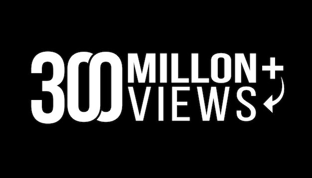 Een zwart-witafbeelding van een logo met 100 miljoen views.