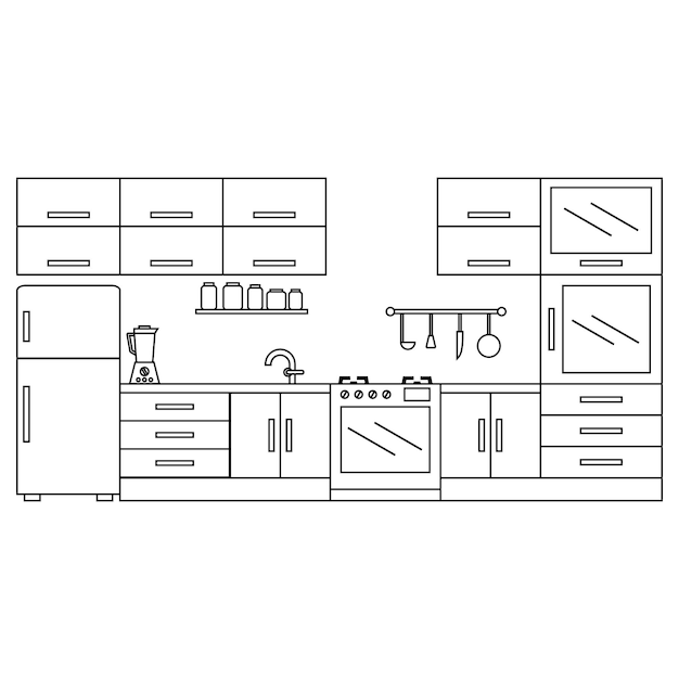 Vector een zwart-witte keuken met een witte achtergrond en een aanrecht.