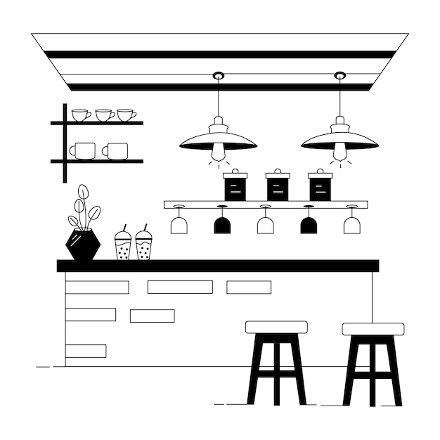 een zwart-witte tekening van een bar met een afbeelding van een bar en een plaatje met een bord dat zegt b w