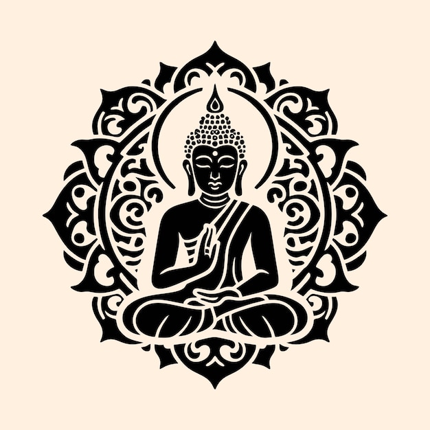 een zwart-witte tekening van een boeddha met een hoofd erop