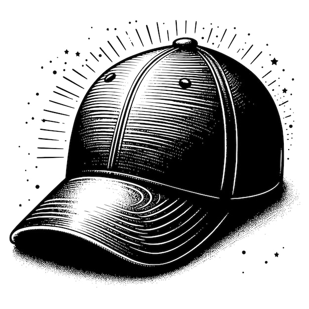 Vector een zwart-witte tekening van een honkbalpet met een zwarte pet erop