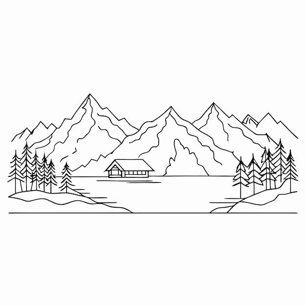 een zwart-witte tekening van een hut in de bergen