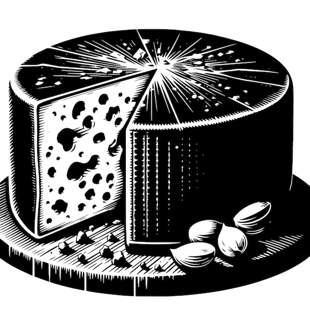 een zwart-witte tekening van een kaas met een plak kaas en noten
