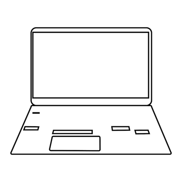 een zwart-witte tekening van een laptop met een zwarte omtrek