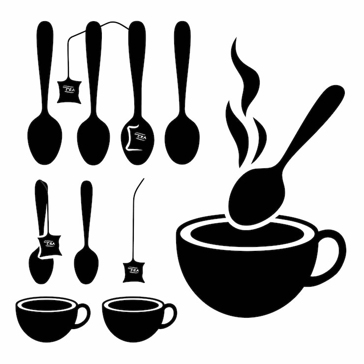 Vector een zwart-witte tekening van een lepel en een kop koffie
