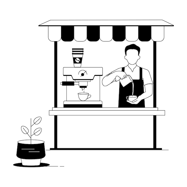 een zwart-witte tekening van een man in een schort en een kop koffie
