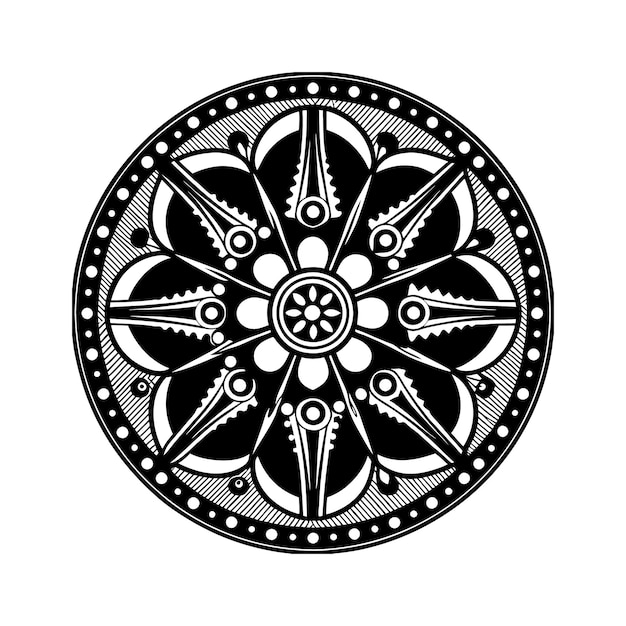 Een zwart-witte tekening van een mandala met een ontwerp dat zegt mandalas