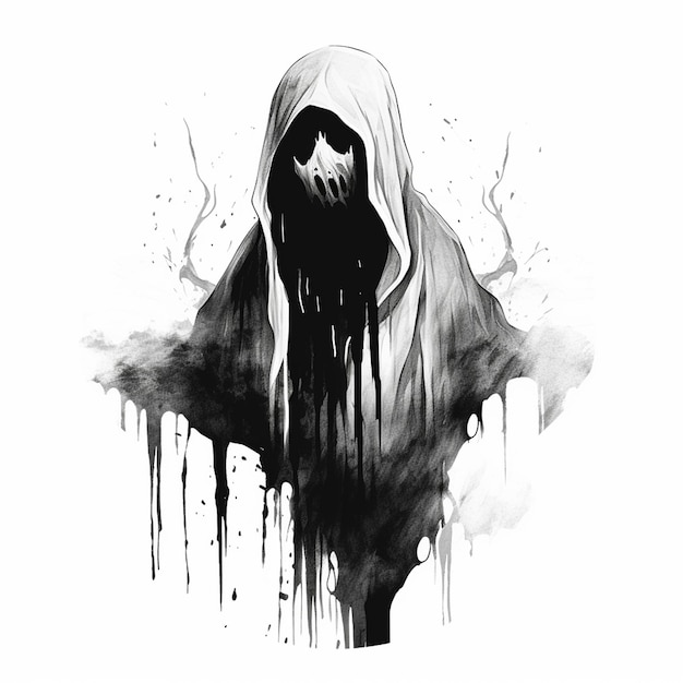 Vector een zwart-witte tekening van een spook met een wit gezicht en zwart gespat op de bodem