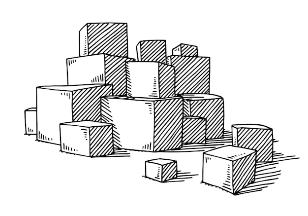 een zwart-witte tekening van een stapel kubussen