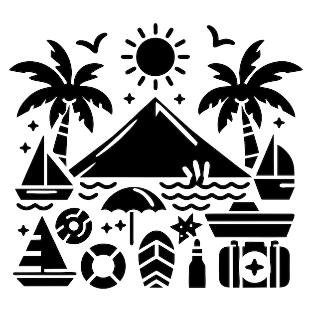 een zwart-witte tekening van een tent met palmbomen en een zon erop