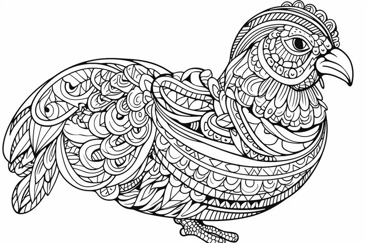 een zwart-witte tekening van een vogel met een patroon erop