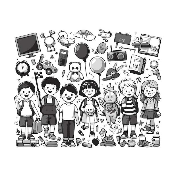 Vector een zwart-witte tekening van kinderen en een klok met het woord kinderen erop