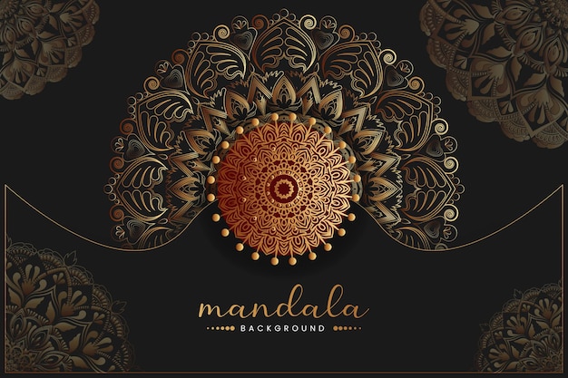 Een zwarte achtergrond met een gouden mandala-ontwerp