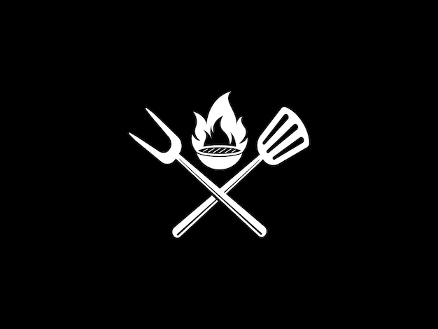 Een zwarte achtergrond met een grill en een vork en een grill-logo