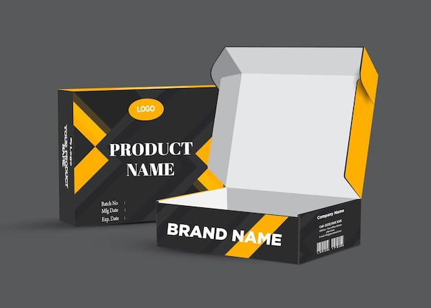Vector een zwarte en gele doos met het woord product erop geschreven