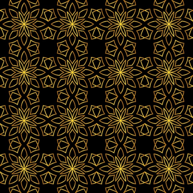 Een zwarte en gouden achtergrond met een patroon van cirkels en sterren.