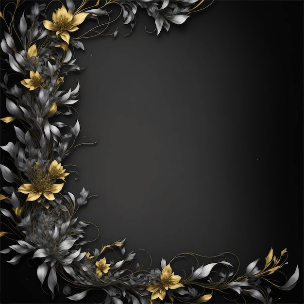 Vector een zwarte en gouden achtergrond met gouden en zilveren bloemen en bladeren