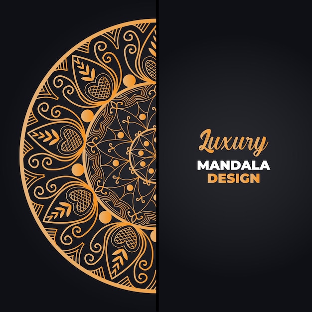 Een zwarte en gouden kaart met luxe mandala-ontwerp.