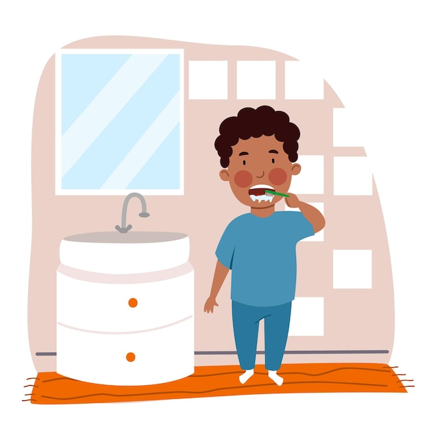 Een zwarte jongen in pyjama poetst zijn tanden in de badkamer kinderen zijn hygiëne