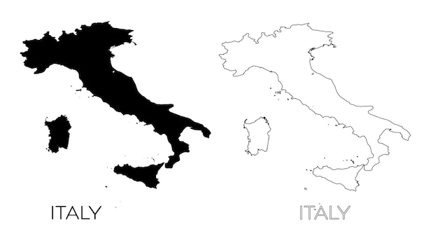 Een zwarte kaart van Italië met het woord Italië erop.