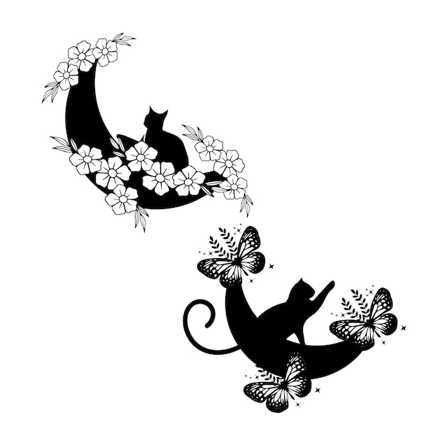Een zwarte kat en een vlinder op een witte achtergrond.