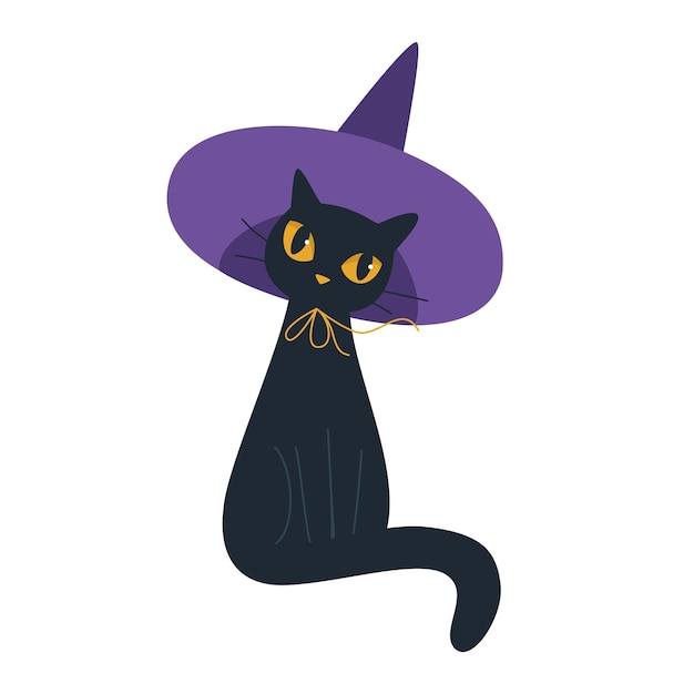 Een zwarte kat met een interessante paarse hoed zit en kijkt naar je Halloween-concept Supernatural