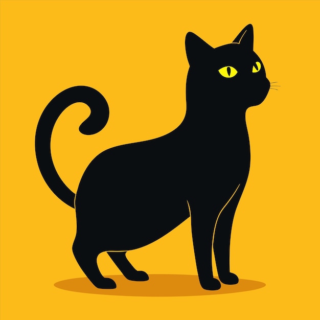 een zwarte kat met gele ogen en een zwarte staart