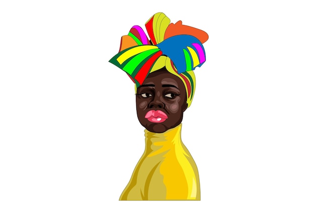 Een zwarte vrouw met een felgekleurde sjaal op haar hoofd en een geel shirt met het woord liefde erop