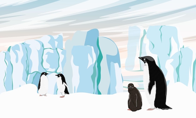 Vector een zwerm adéliepinguïns op de oceaan bij een grote gletsjer. vogels van de zuidpool