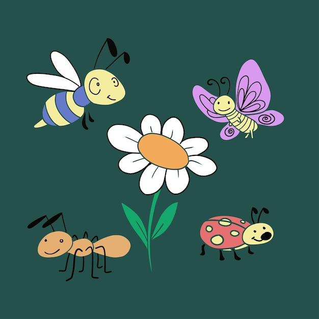 Vector een zwerm bijen, vlinders, mieren en insecten zoemt rond de madeliefje bloem.