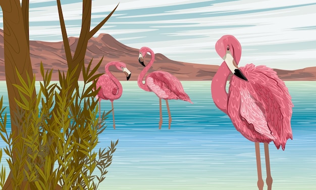 Een zwerm rode flamingo's staat in het zeewater bij de kust met tropische planten