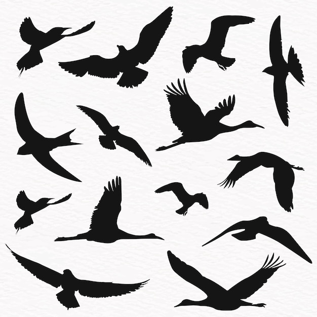 Een zwerm vliegende vogels in een set vector silhouetten