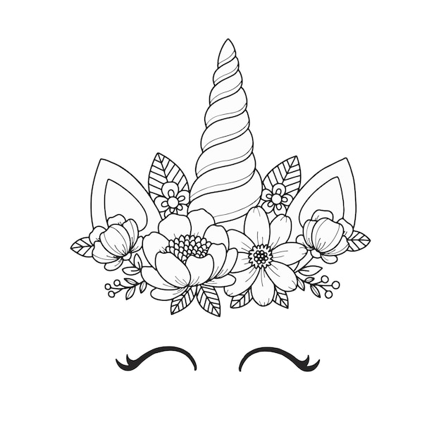 Eenhoorn gezicht met bloemen krans kleurplaat