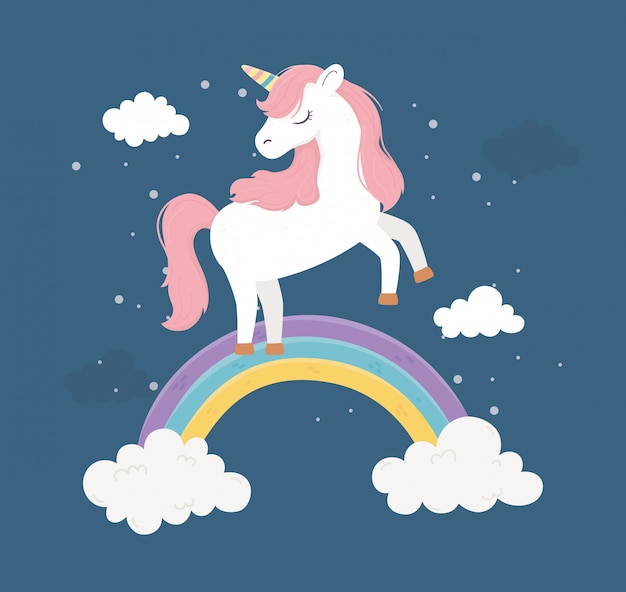 Eenhoorn op regenboogwolken fantasie magische droom cute cartoon illustratie