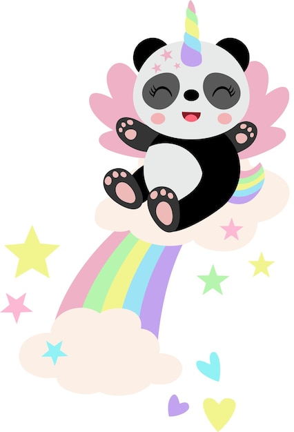 Eenhoorn panda op regenboog met wolken