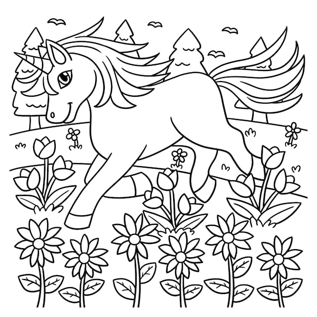 Eenhoorn speelt op het bloemenveld Kleurplaat