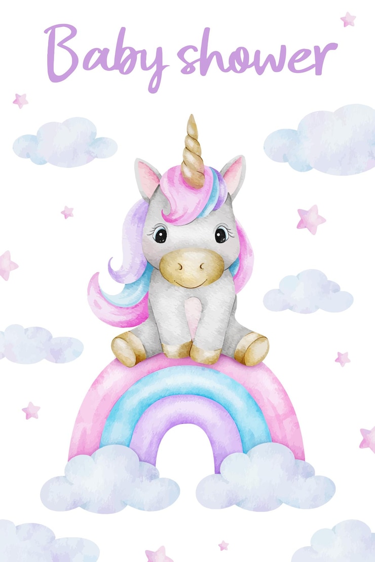 Vector eenhoorn zit op een regenboog wolken en sterren leuke baby shower uitnodiging voor meisjes greeting card met sprookjes pony template van pasgeborenen feest uitnodiging waterkleur handgetekende illustratie