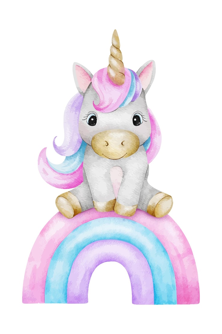 Vector eenhoorn zit op een roze regenboog geïsoleerde met de hand getekende aquarel illustratie voor logo kinderen goederen kleding textiel postkaarten poster baby shower en kinderkamer