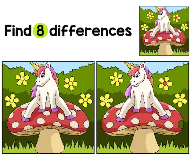 Eenhoorn zittend op een paddenstoel zoek de verschillen