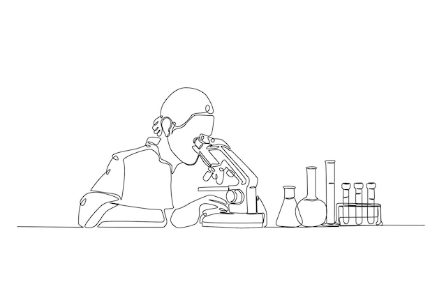 Eenlijnige illustratie van een wetenschapper die met microscoop en laboratoriumapparatuur werkt