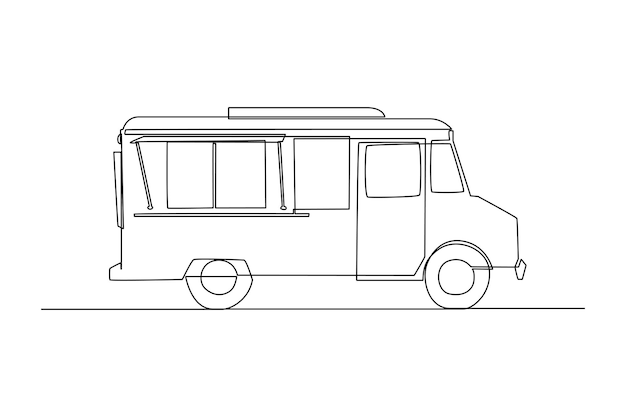 Eénlijnstekening foodtruck met gesloten ramen Foodtruckconcept Doorlopende lijntekening