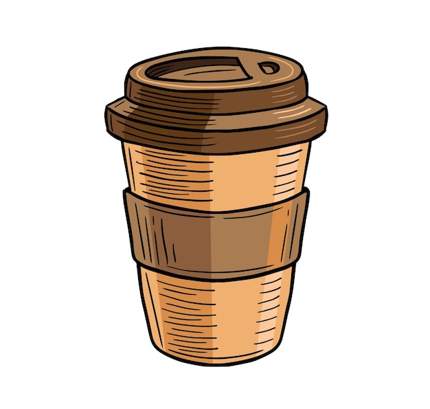 Vector eenmalige kop koffie met kartonnen houder en dop met de hand getekende gegraveerde schets tekening vector
