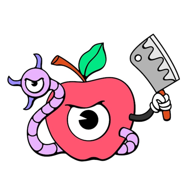 Eenogige appel cartoon personage met worm in doodle retro design