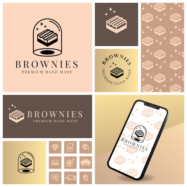 Vector eenvoudig browniescake-logo met naadloos patroondecoratiemodel