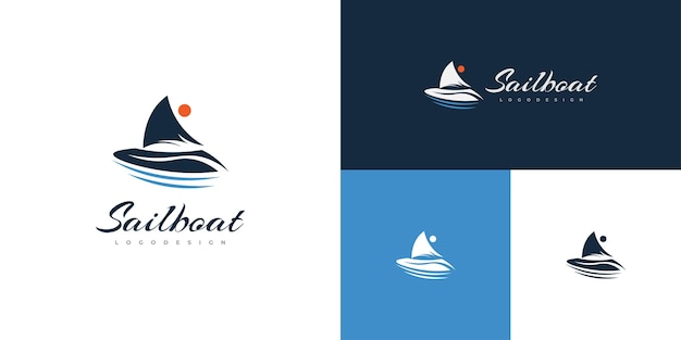 Eenvoudig en elegant blauw zeilbootlogo ontwerp Scheepslogo voor merkidentiteit in de reis- of toerismebranche