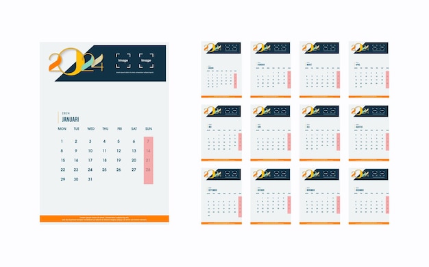 Eenvoudig en schoon kalenderontwerp voor 2024 Premium vector voor wandkalender