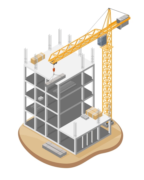 Vector eenvoudig gebouw in aanbouw site en hammerhead tower crane heavy-duty hefsysteem