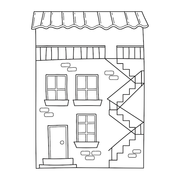 Eenvoudig huis met twee verdiepingen met bakstenen muur en trappen in doodle-stijl