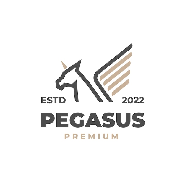 Eenvoudig lijntekeningenlogo van een Pegasus-paard met gouden vleugels en hoorns