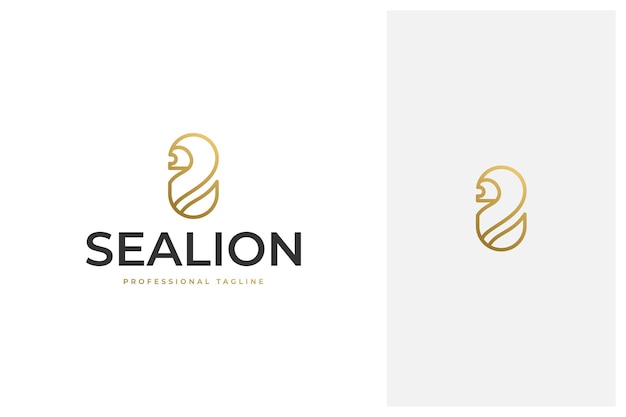 Eenvoudig minimaal elegant luxe zeeleeuw vectorlogo-ontwerp in lijnstijl met gouden kleur